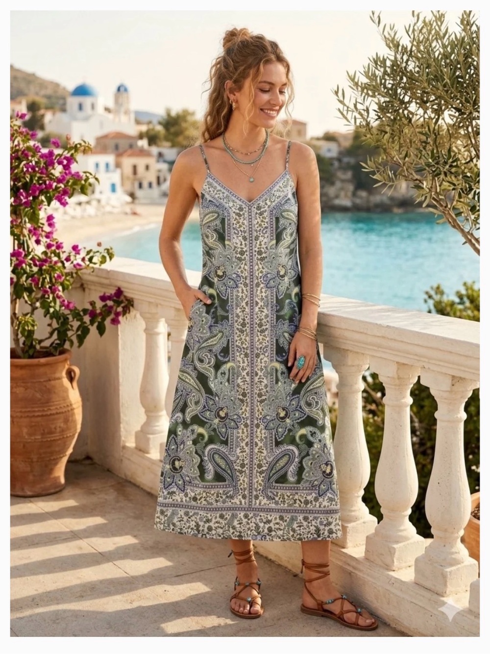 New Anthropology Magaschoni Linen Blend Green Paisley V‑Neck Midi Slip Dress XS